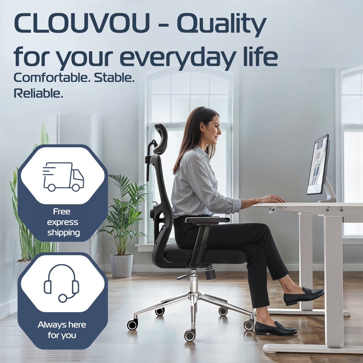 CLOUVOU BrightSeat – Ergonomischer Bürostuhl "Preiswerter Homeoffice - Stuhl" (UK) - Clouvou Schwarz