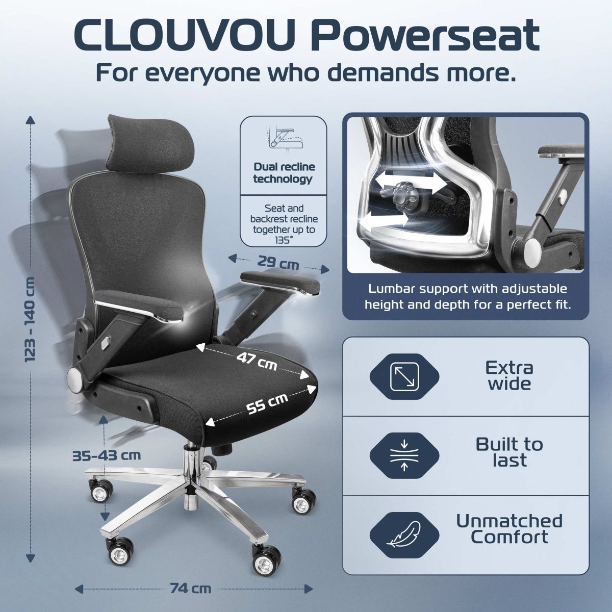 CLOUVOU PowerSeat - Extra big ergonomic office chair - Clouvou Schwarz